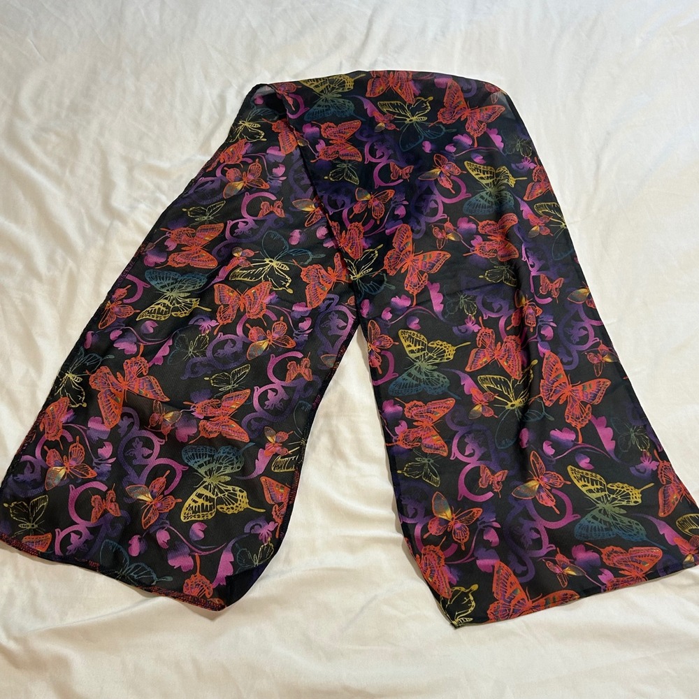 Vintage Colorful Butterfly Print Sheer Mesh Scarf Black Rectangular Wrap 55 Inch